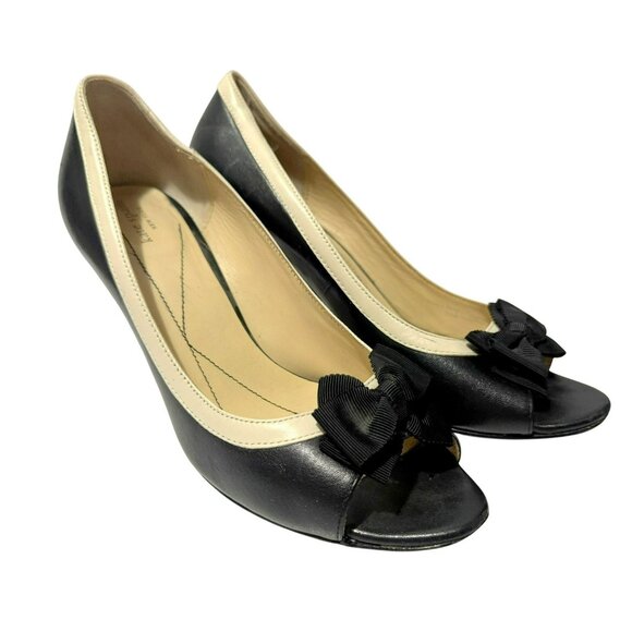 Kate Spade Black & Ivory Leather Peep Toe Fabric Bow Heels Pumps Shoes Sz 8.5M - Picture 2 of 8